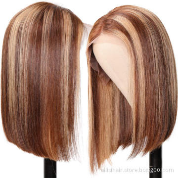 Wholesale 4/27# HD Frontal Bob Wigs Human Hair Transparent Pre plucked Lace Front Bob Wig Highlight  Human Hair Bob Wigs